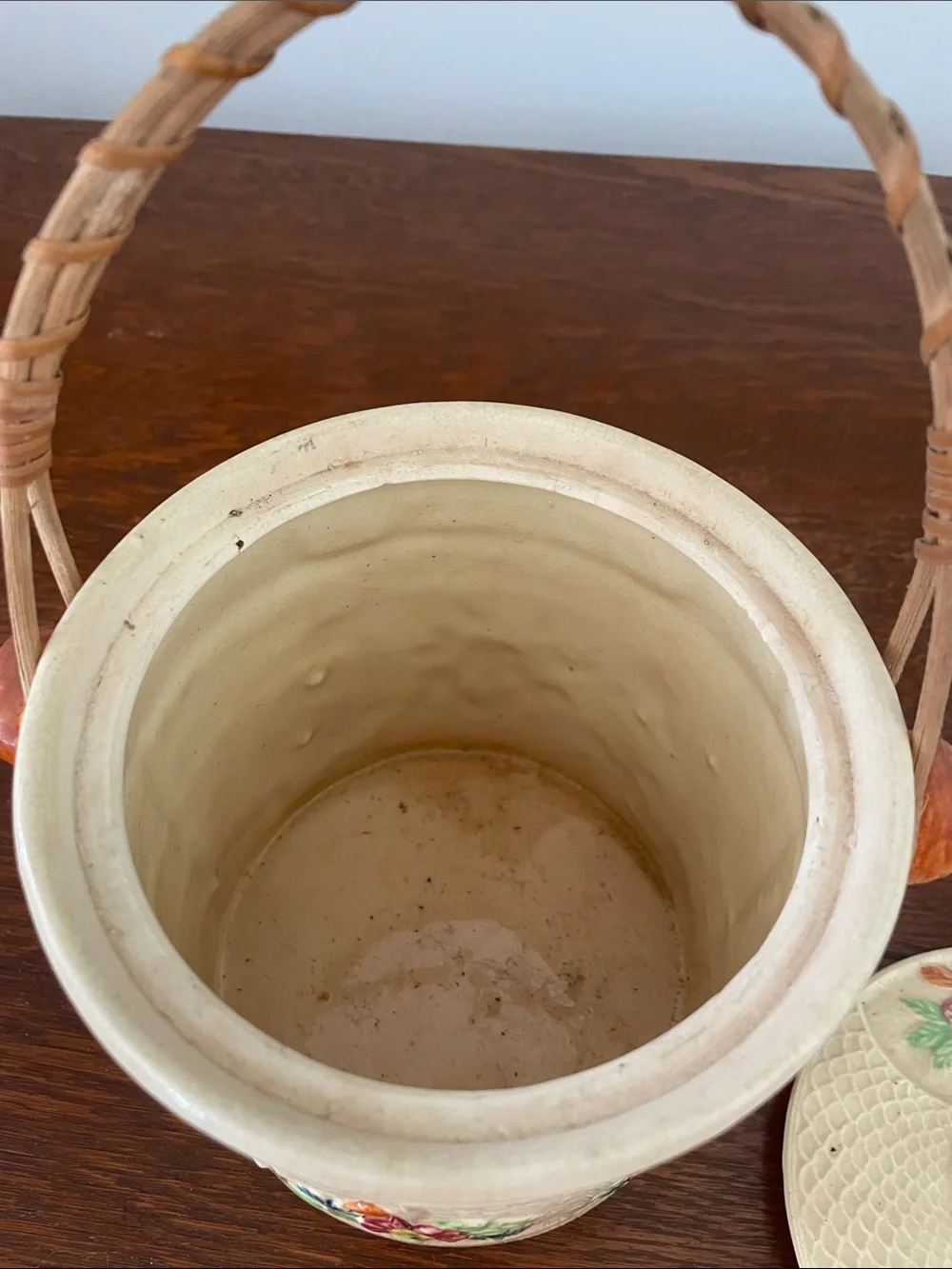 Hand-Painted Floral Ceramic Biscuit Jar with Woven Handle - Cream